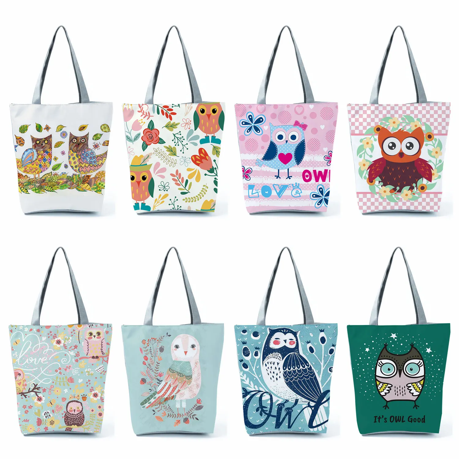 Cute Owl Print Tote Bag Reusable Shopper With Zipper Shoulder Bags Women Casual Lady Handbag For Office Carrier Carry Bag Totes