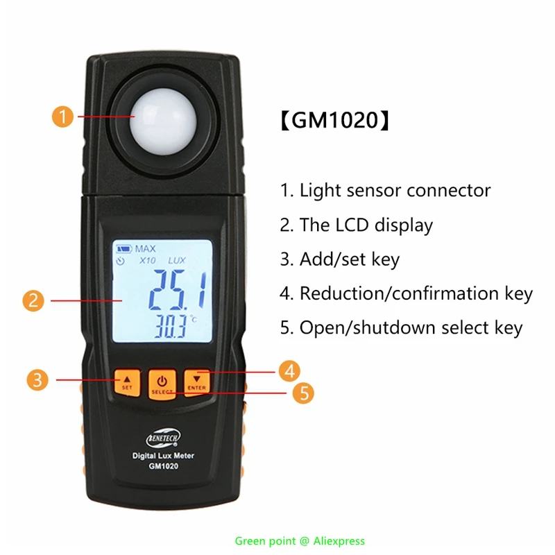 

5PCS High Portability Lux Meter GM1020 Digital Display Multi-function Illuminance Tester 0～40℃ Support Of Automatic Range Shift