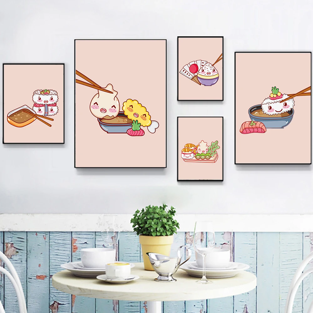 

Japanese Foods Poster Funny Cartoon Sushi Poster Print Cute Pink Canvas Painting Kitchen Restaurant Wall Art Pictures Home Decor