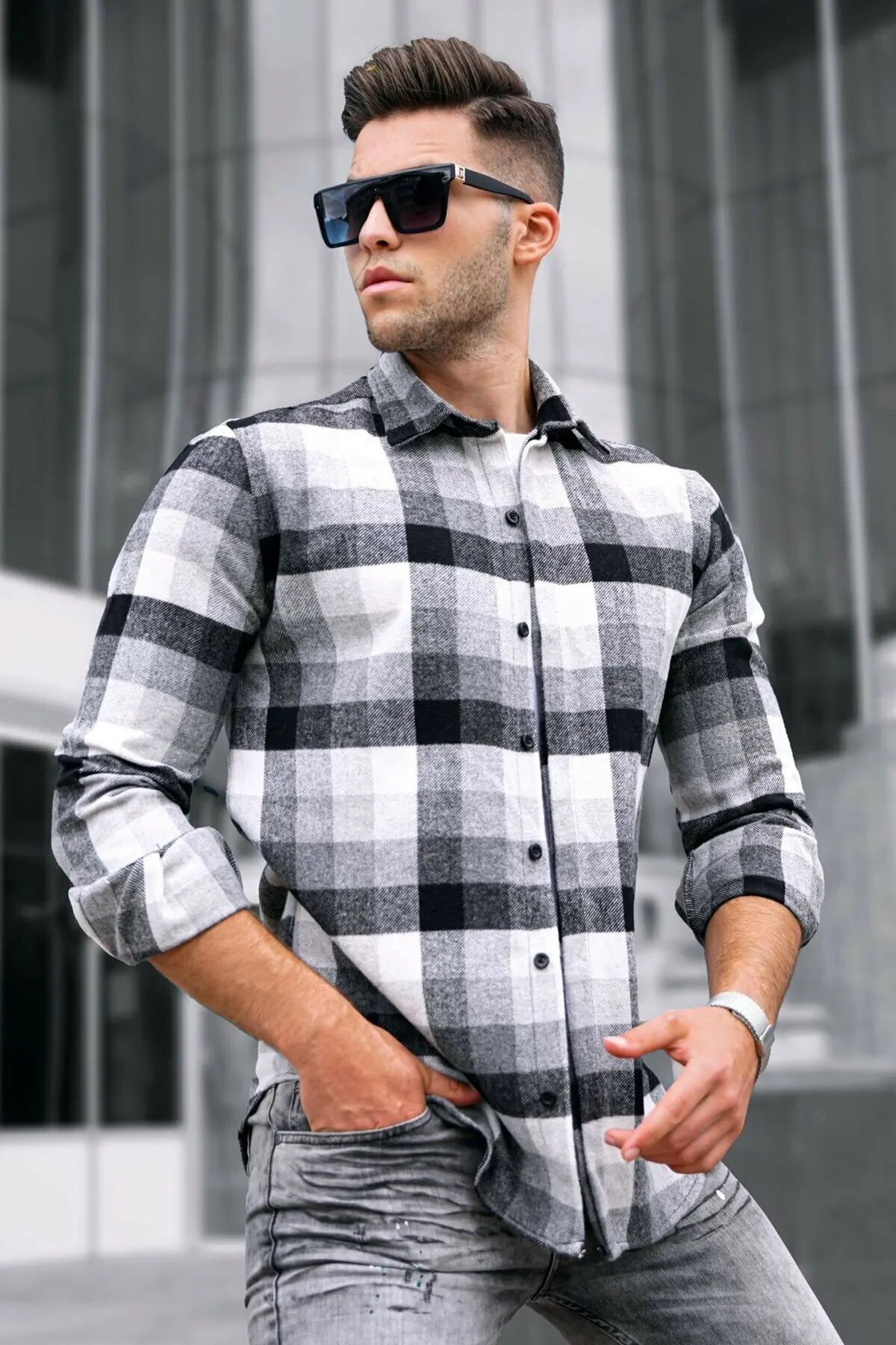 

Cotton Gray Plaid Men's Lumberjack Shirts 2021 New Season Patterned Quality Stylish Normal Pattern