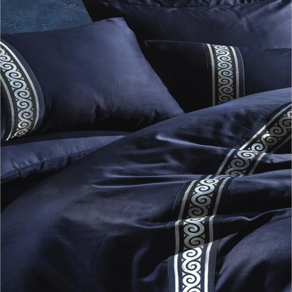 Cotton Box Brode Satin Duvet Cover Set Royal - 100% Cotton Satin