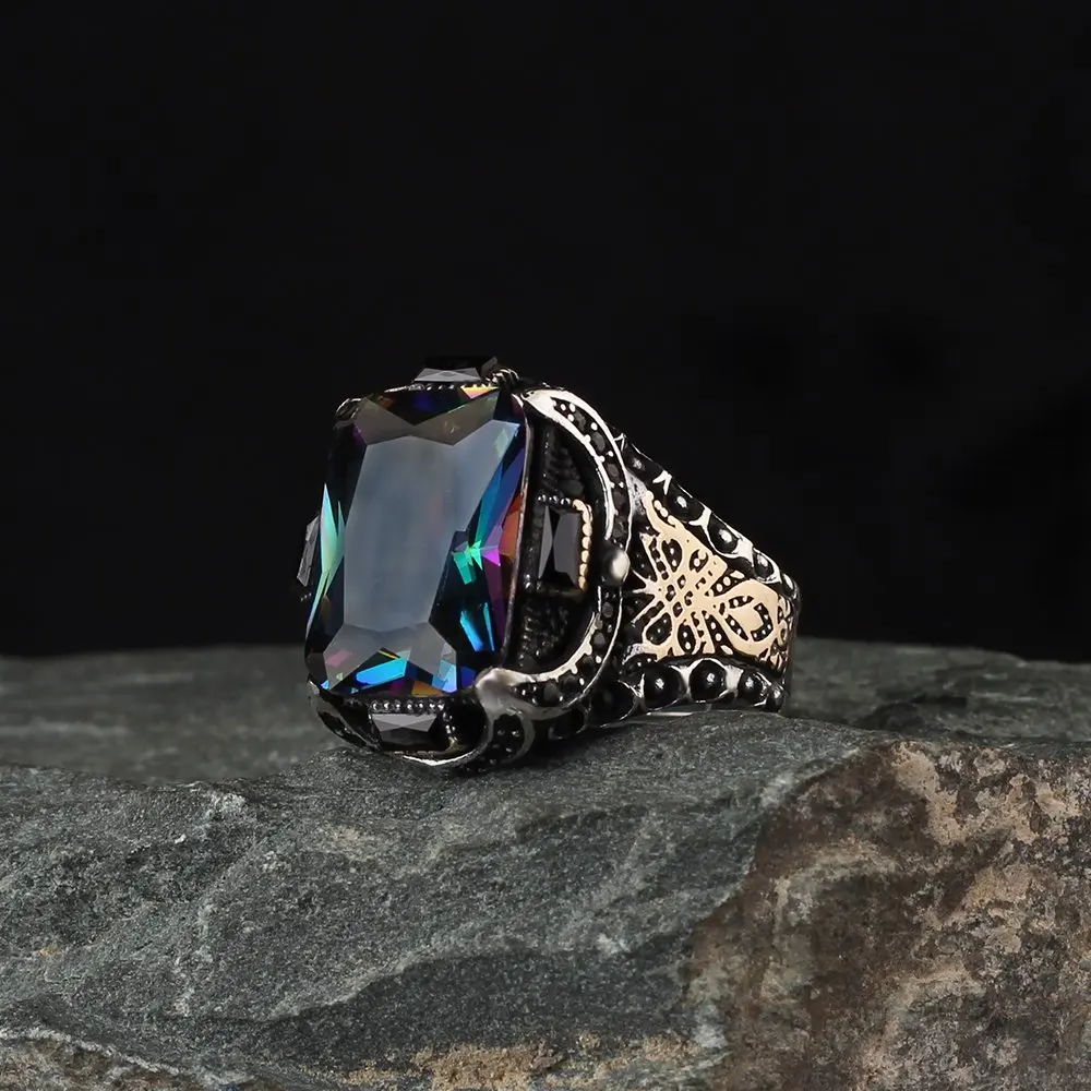 Men's Bright Blue Baguette Mystic Topaz Stone 925 Sterling Vintage Silver Ring Türkiye'de Made Gift Ring Real Natural Free Shipping