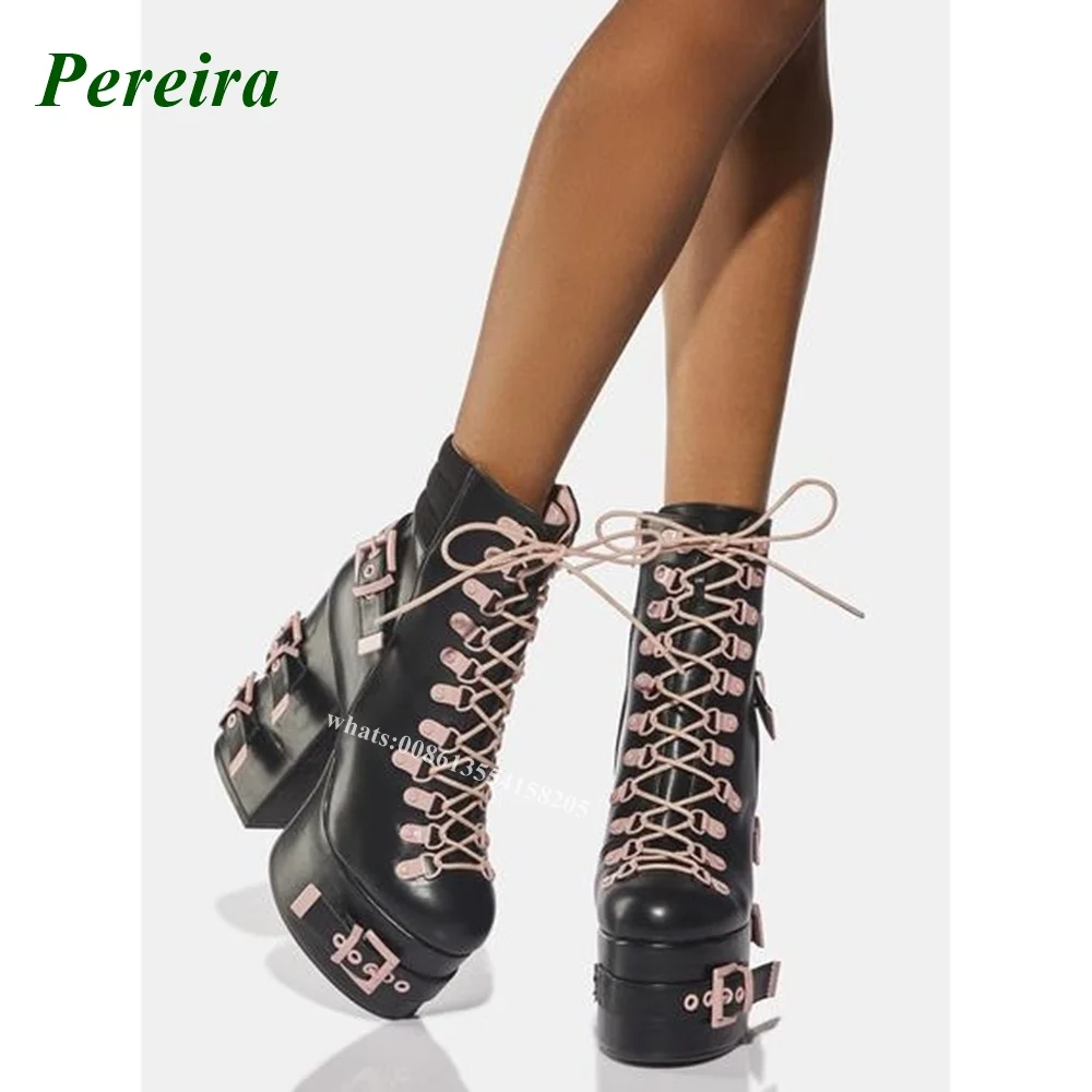 Bottes à plateforme nouées croisées noires pour femmes, bottes à talons hauts à lacets, talon épais, ceinture Parker ronde, sexy, nouveau designer, printemps, 2022