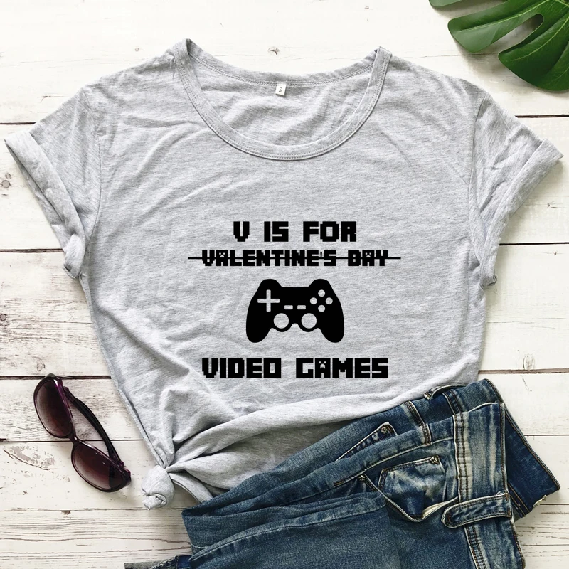 V Is For Video Games T-shirt Funny Valentine's Day Gift Tshirt Cute Women Graphic Game Player Valentine Tee Shirt Top