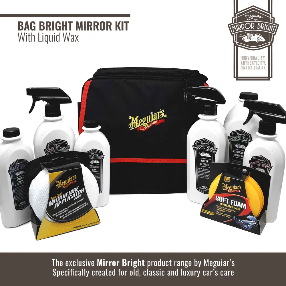 Meguiar's Kit Mirror Bright full range with liquid wax, bag and applicators