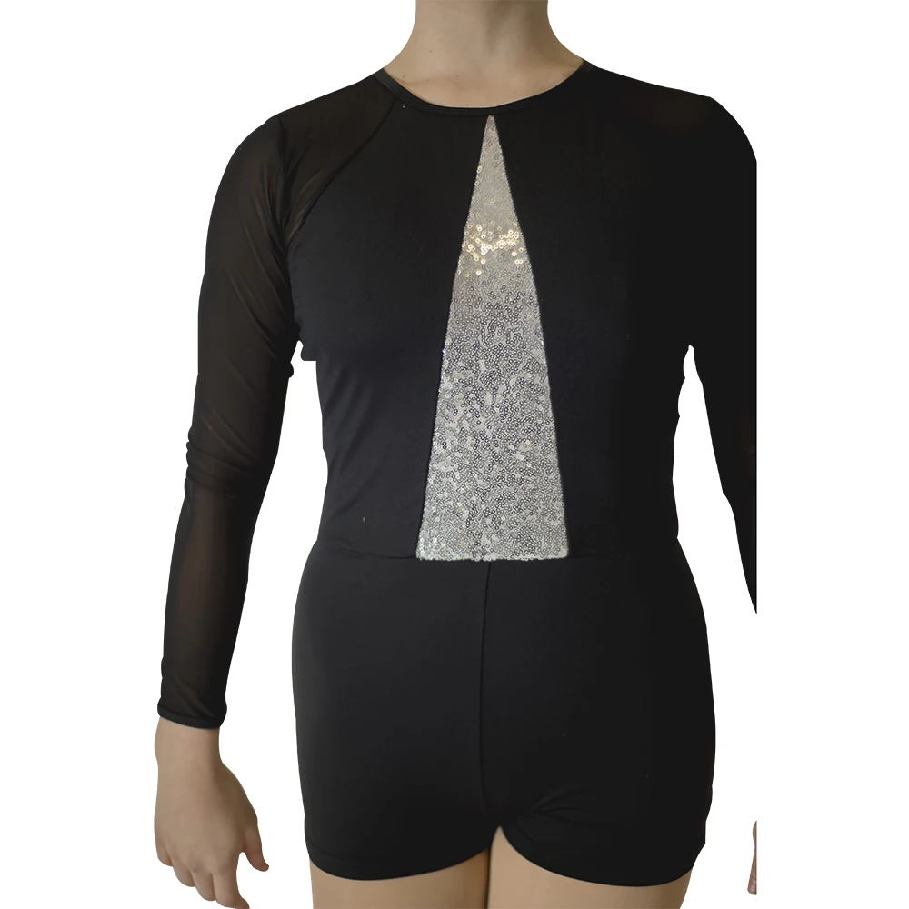 Ladies Girls Gymnastic Ballet Jazz Dance Shorty Biketard Mesh Long Sleeve with V Front Sequins 10 More Colors Aailable