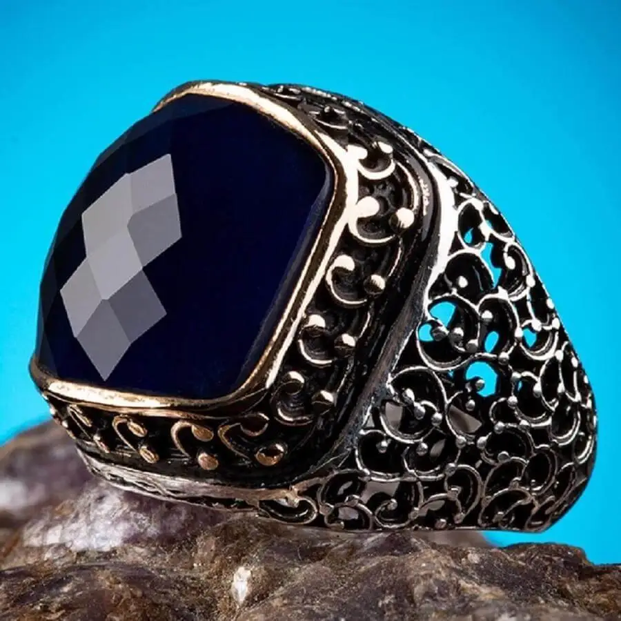 

Sterling Silver Ornamented Mens Ring with Blue Zircon Stone Fashion Turkish Premium Quality Handmade Jawelery