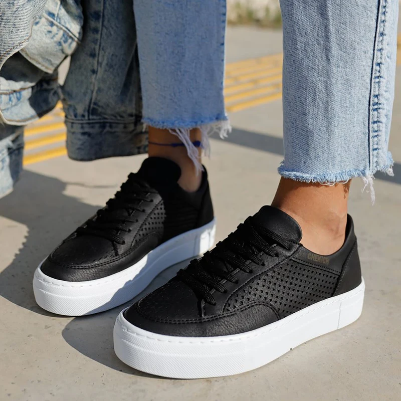 

Chekich Women's Sneakers Black Color Faux Leather Laced Autumn Season Casual Shoes Wedding Formal Vulcanized Solid Lightweight Odorless Sewing and White Sole Breathable Office Fashion New Arrival CH015 Women V5