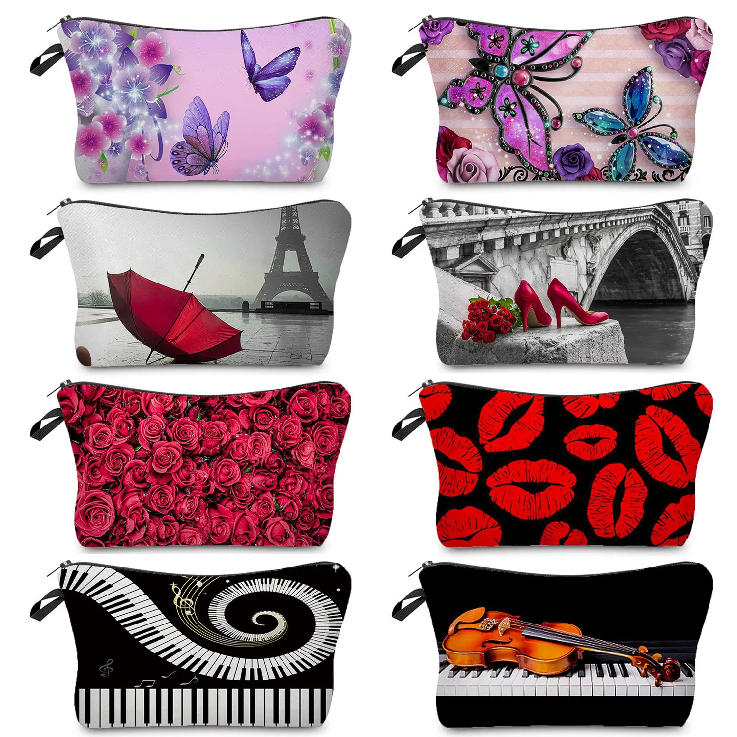 Bolsas de cosméticos con estampado de mariposa y Piano, organizador de moda Retro rojo, bolsa de maquillaje impermeable, estuches de lápices de