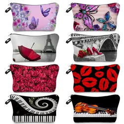 Bolsas de cosméticos con estampado de mariposa y Piano, organizador de moda Retro rojo, bolsa de maquillaje impermeable, estuches de lápices de tocador con cremallera, gran oferta