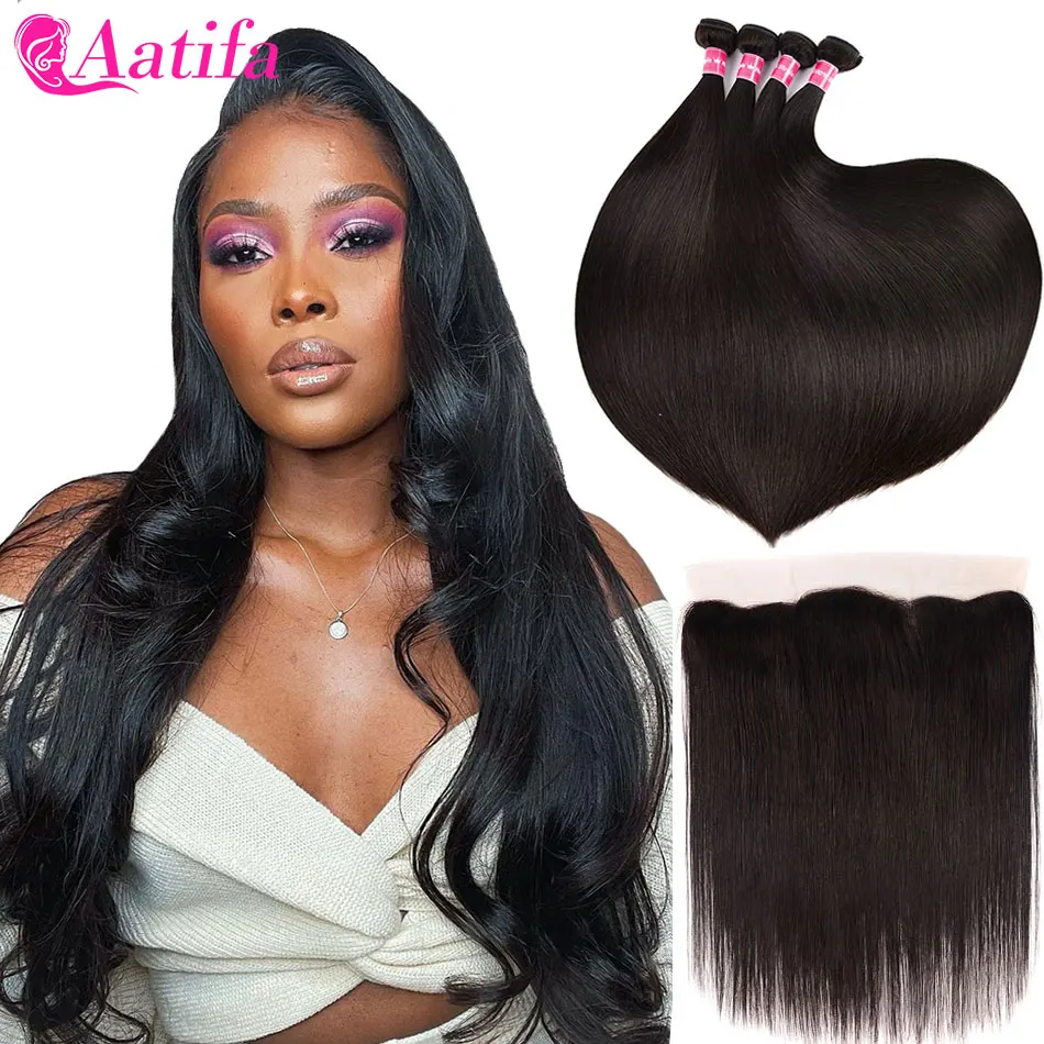 Straight Hair Bundles With Lace Frontal Brazilian Remy Hair Weave Bundles With Closure 100% Human Hair With Lace Frontal Aatifa