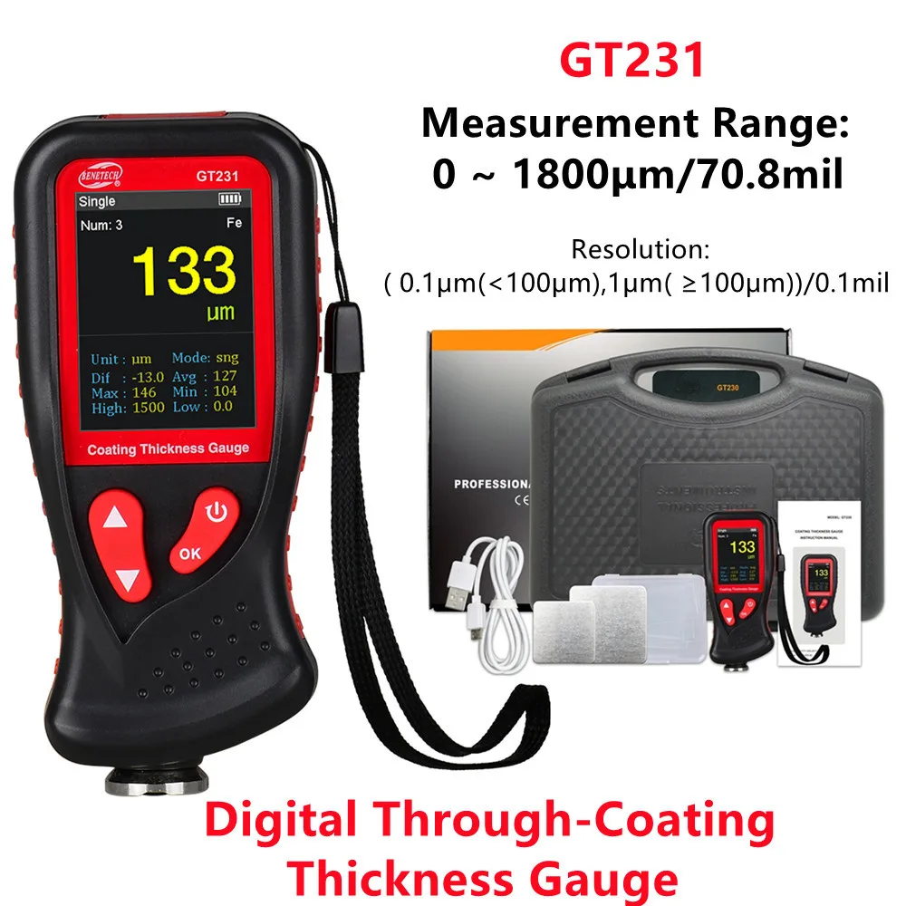 Benetech-デジタルスルーコーティング厚計、gt231、0-1800度充電式、車の塗装厚計、車のフィルム厚、5個