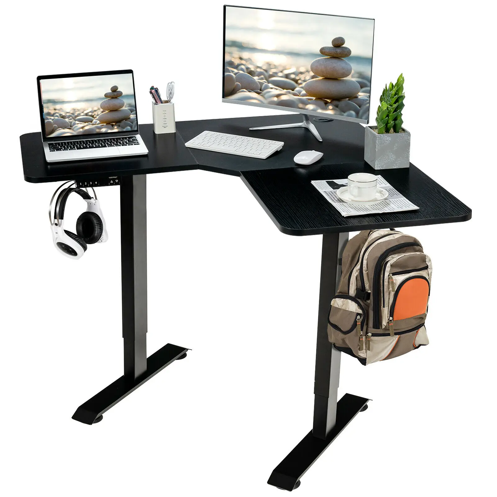 Costway L Shaped Electric Adjustable Standing Desk w/ Controller 2 Hooks