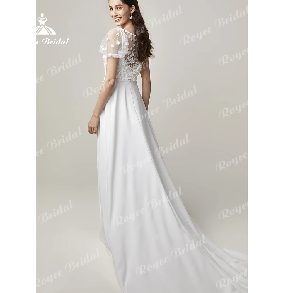 Adorável o-neck fora do ombro apliques de duas peças terno a linha vestidos de casamento 2022 chiffon vestidos de noiva varrer andar de comprimento rendas