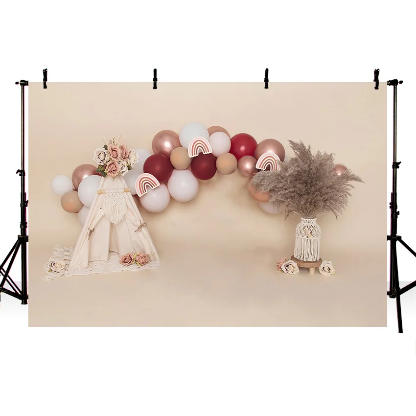 Mehofond التصوير خلفية الوردي بوهو قوس قزح البوهيمي فتاة 1st بالونة عيد ميلاد خيمة كعكة سحق ديكور خلفية استوديو الصور