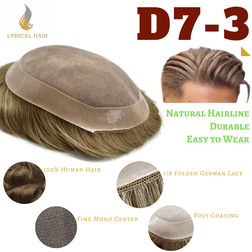 LYRICAL HAIR Fine Mono Durable Mens Toupee Hairpiece Human Hair Replacement System Hair Wig Male Prothesis D7-3