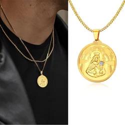 Men Necklace, Golden Mary Mother of Jesus Round Medallion CZ Pendant , Stainless Steel St Benedict Virgin Mary Mens Jewelry