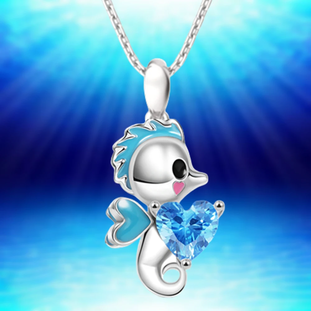 Exquisite Heart Shaped Blue Crystal Cartoon Seahorse Pendant Necklace for Women Cute Girls Birthday Party Jewelry Romantic Gifts