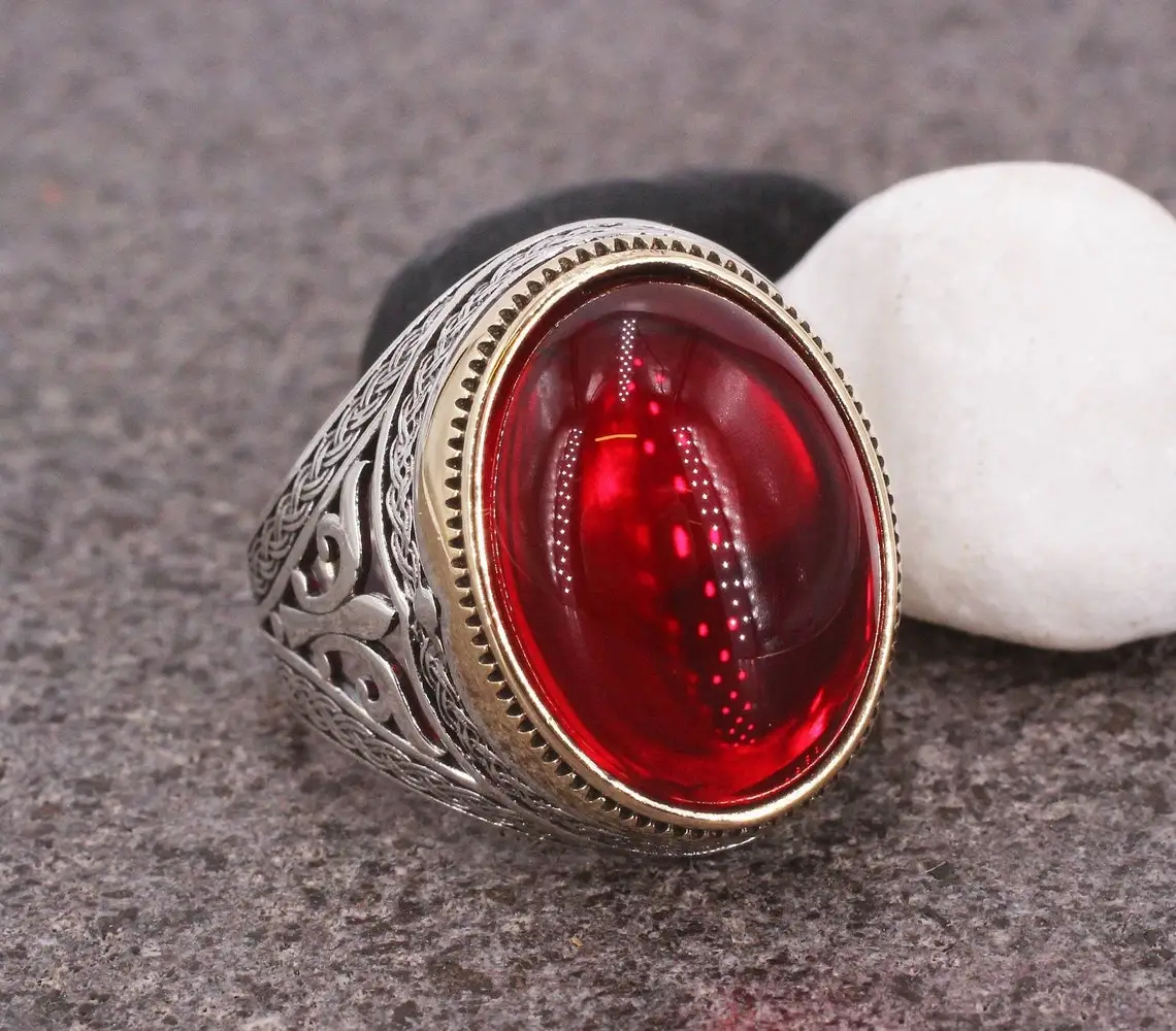 

Elegant Design 925 Sterling Silver Oval Red Ruby Stone Men's Ring Biker Jewelery Ottoman Accesory Gift For Him