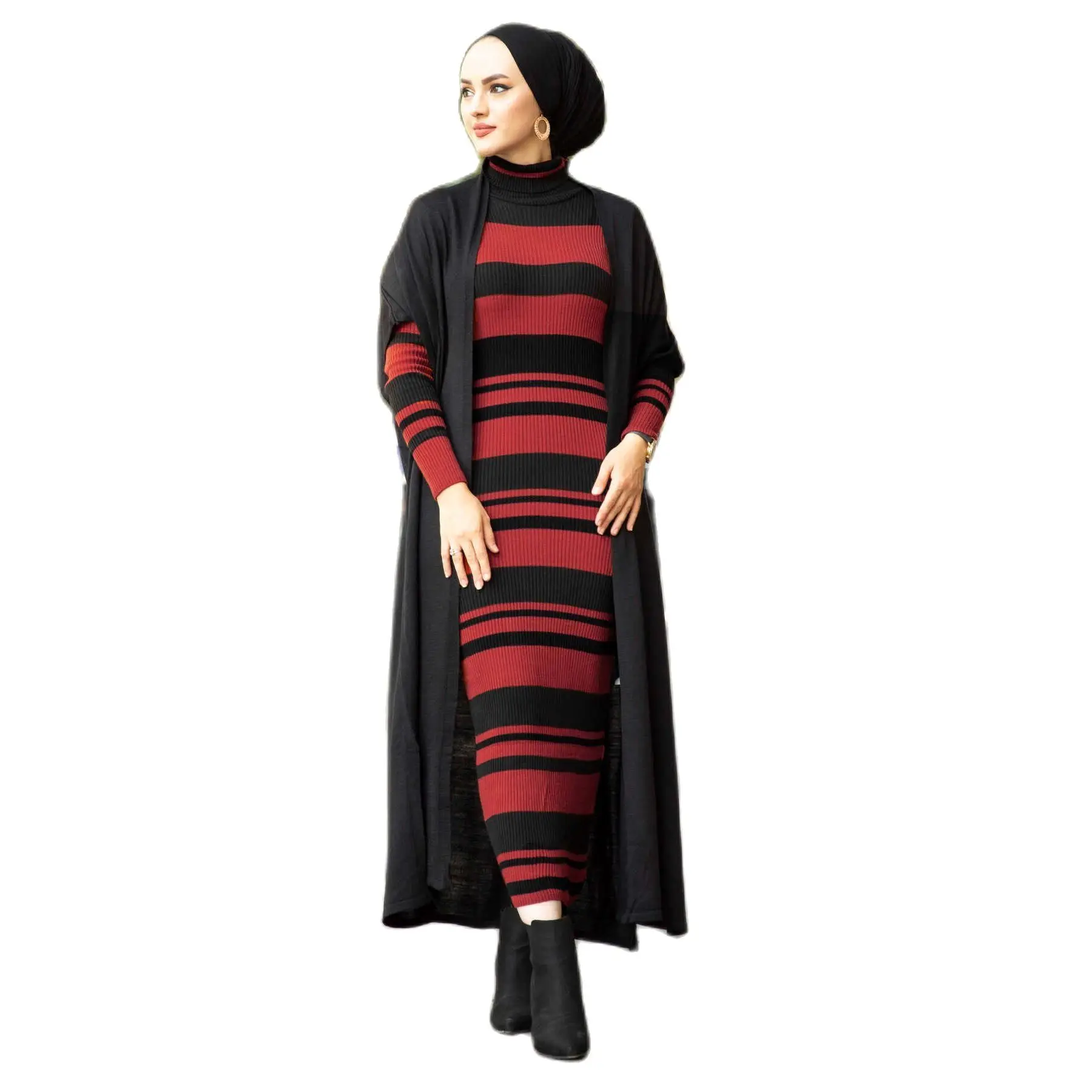 

2 Piece Women's Set Stipe Patterned Maxi Dress and Bat wing Sleeve Maxi Cardigan Knitted Suit Turkish New Colors Muslim Clothing