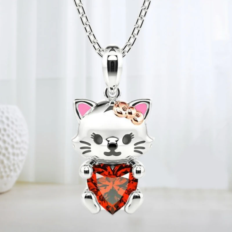 Fashion Income Cute White Cartoon Beloved Cat Animal Necklace Lively Cute Cat Hug Red Love Pendant Pet Cat Girl Gift