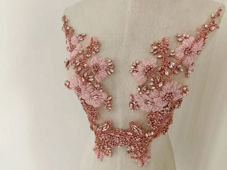 

1 Pair Pink Rhinestone Applique,Heavy Bead Crafted Rhinestone Applique For Bridal For Couture, Dance Costume