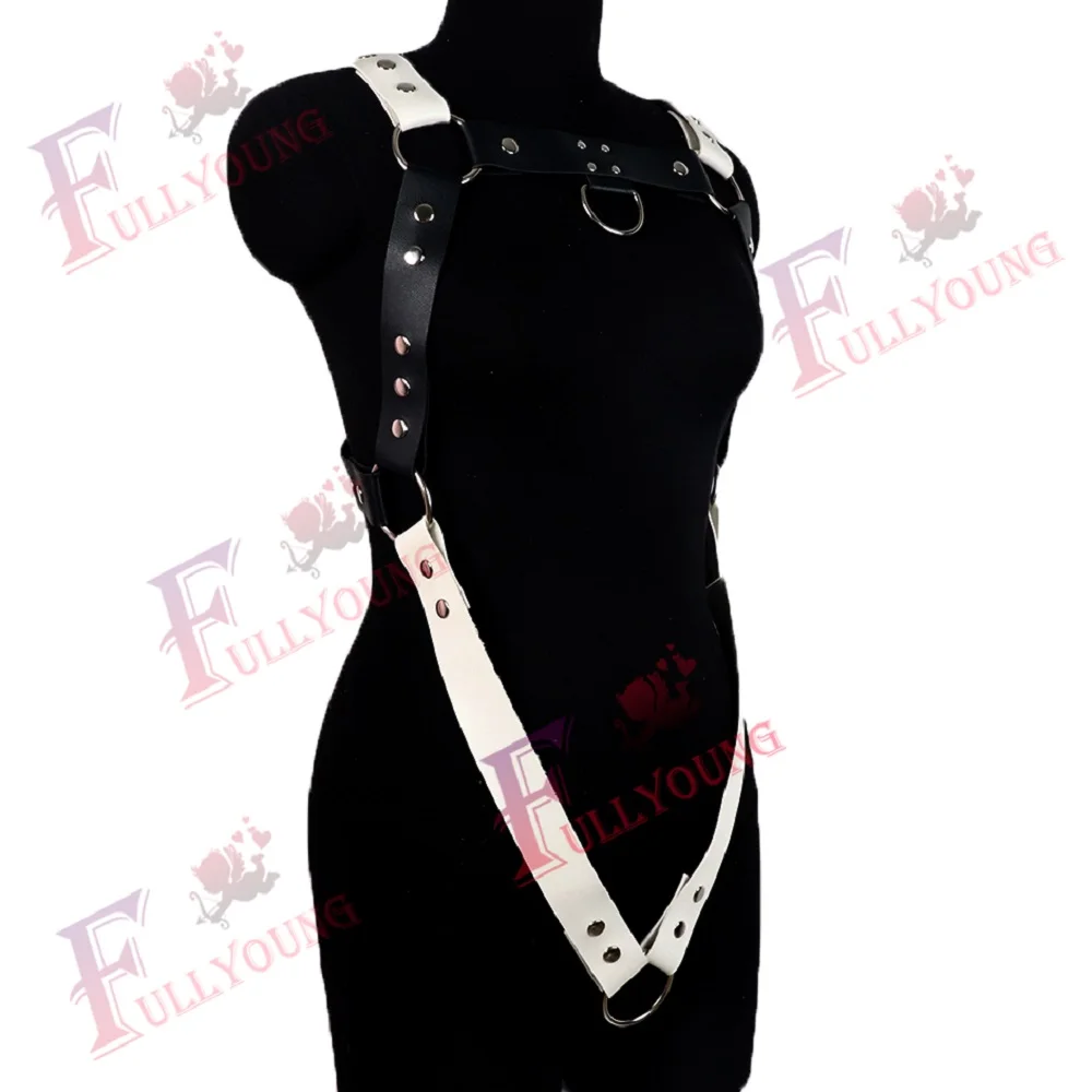 Sexy Men Black White Leather Metal Rings Body Chest Harness Punk Male Leather Bondage Costume Sexy Gay Club Rave Straps Crop Top