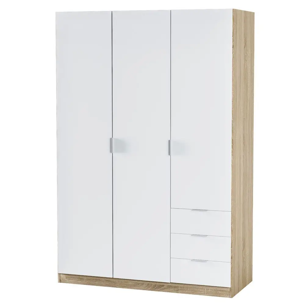 Three-door and three-drawer wardrobe White Artik and Canadian Oak 121x180x52