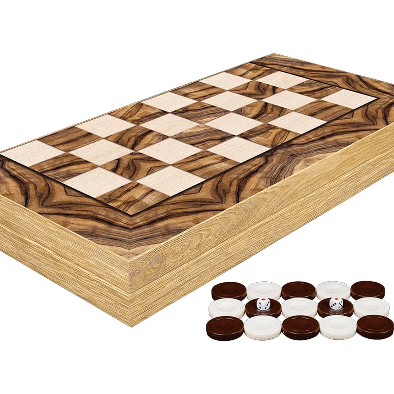Set Backgammon Permainan Papan Burl Zaitun Klasik