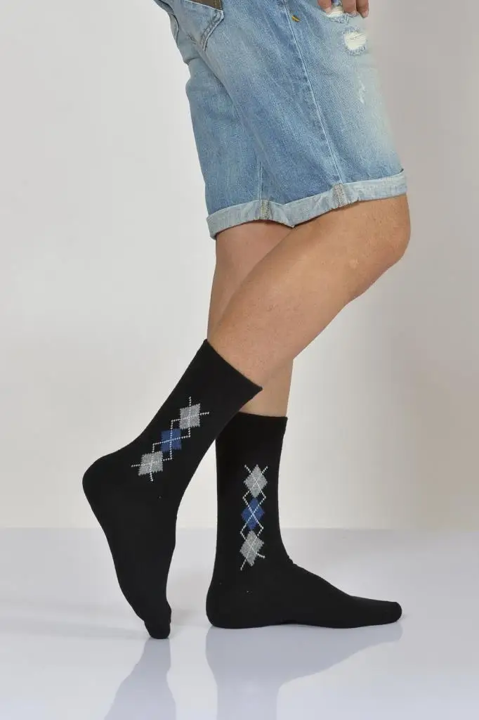 Idilfashion Male Plaid Wool Socket Socks-Black-E-ART207 (3'LÜ PACKAGE)