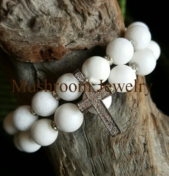 

Pave Crystal Cross Charm Pendant White Jade BEADED Stretch Bracelet