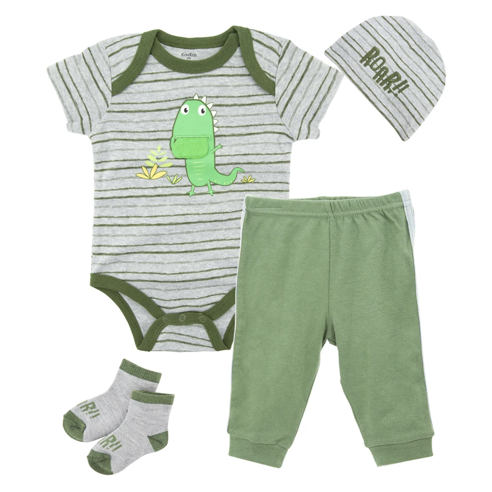 Kavkas 3/4Pcs Baby Boys Clothes Set Kids Bodysuit Pants Hats Socks Kit Infant Clothing Jumpsuit Toddler Newborn Outfit 0-12M