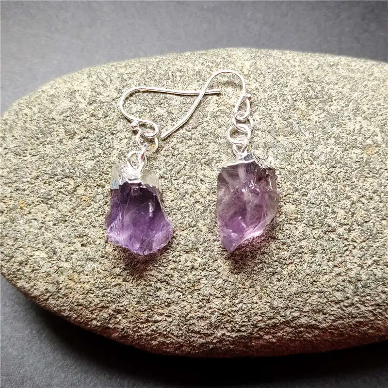 FUWO Wholesale Natural Amethysts/Yellow Quartz Earrings,Silver Plated Raw Stone Earring Jewelry For Women Valentine Gift   ER058