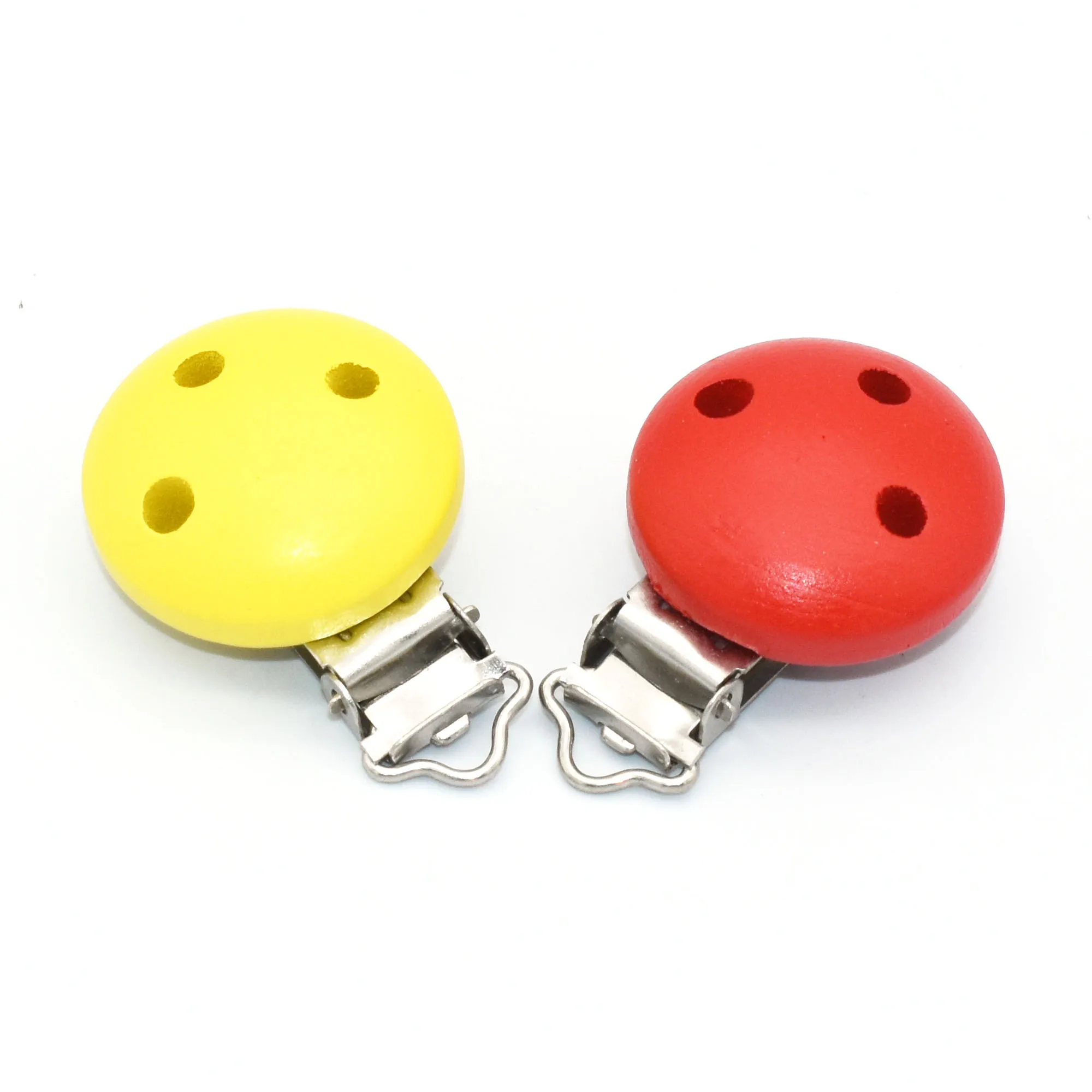 8pcs Clips Red/Yellow Wooden Face Suspenders Clip Metal Three-hole Round Pacifier Clips baby Clip for Dummy Bib Holder Clip Baby