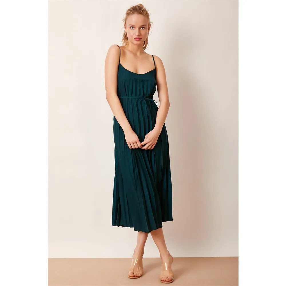 

Pleated Strap Dress Petrol Green Red Blue Black