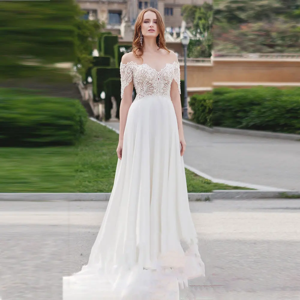 Abiti da sposa eleganti con scollo a cuore e maniche a cuore Illusion Back A-Line Appliques in pizzo abito da sposa in Chiffon con strascico su misura