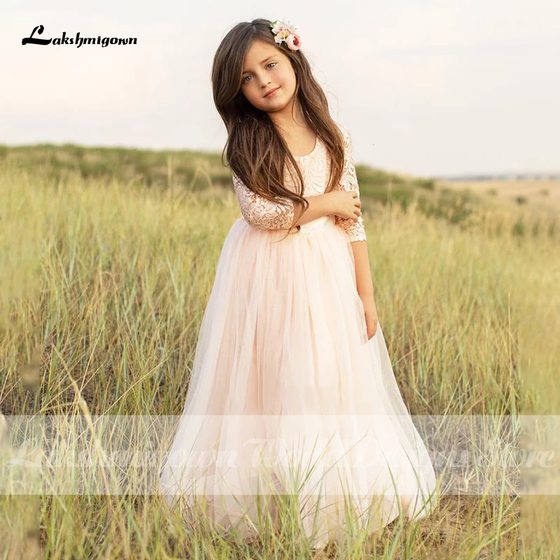 Vestidos largos de flores para niña, hermoso vestido blanco o marfil, cuello redondo, bohemio, Vintage, estilo campestre, tul de encaje, vestidos de