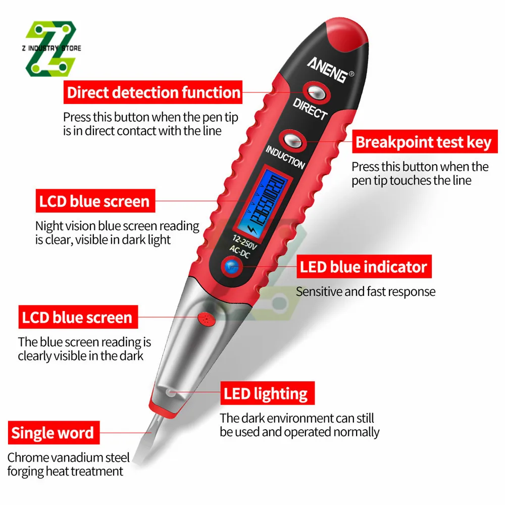 Cyfrowy wyświetlacz AC DC 12-250V LCD pióro testowe napięcia elektroskopu bezkontaktowego śrubokręt do testów bezpieczeństwa