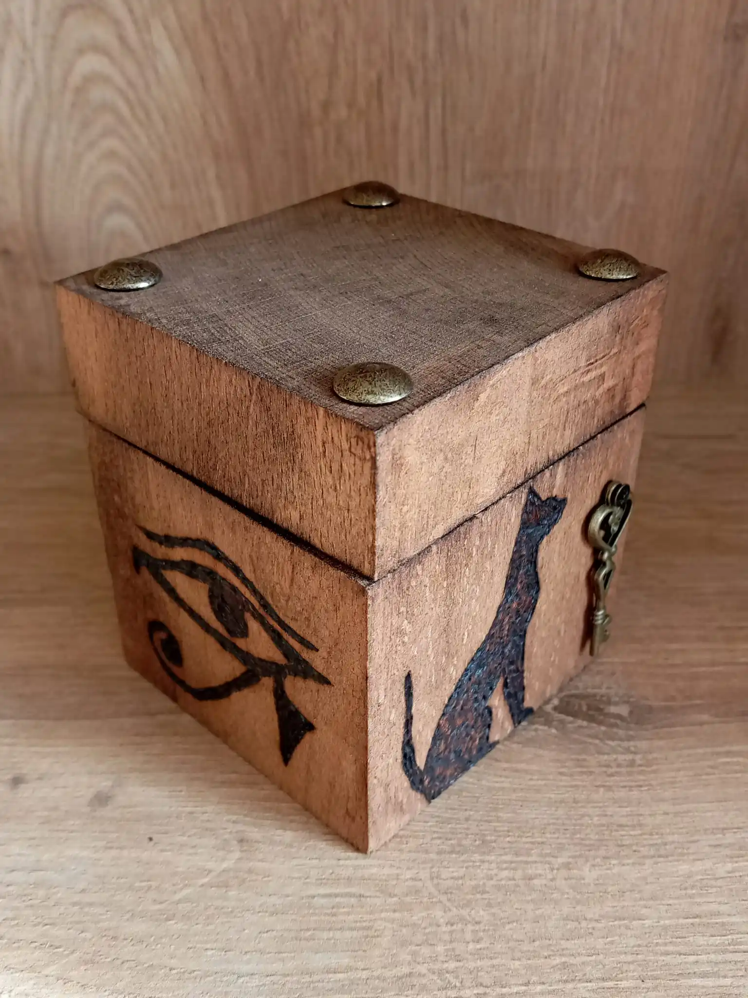 Ancient Egyptian Decor Rustic Wood Wedding Ring Necklace Box.