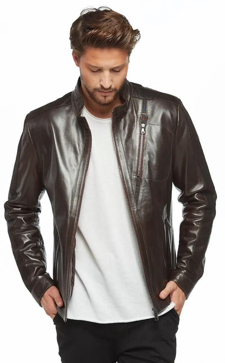 Renzo Coffee Antique Leather Coats Orjinal Lambskin Autumn Winter 2022 Biker Slim Large Size VintageTürkiye