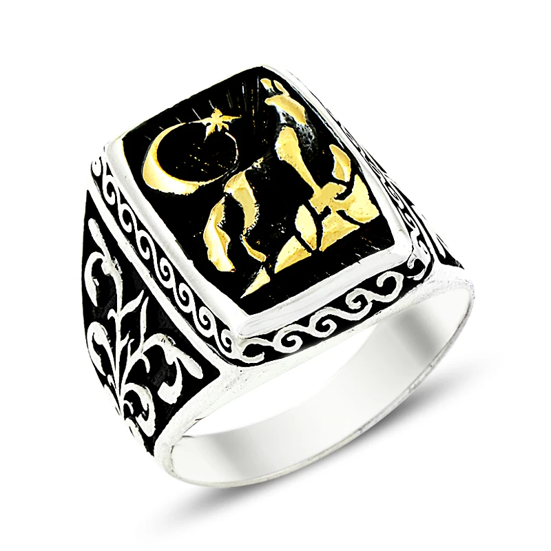 925 Silver Ethnic English Men Rings Wolf and Moon Printed Rings for Men