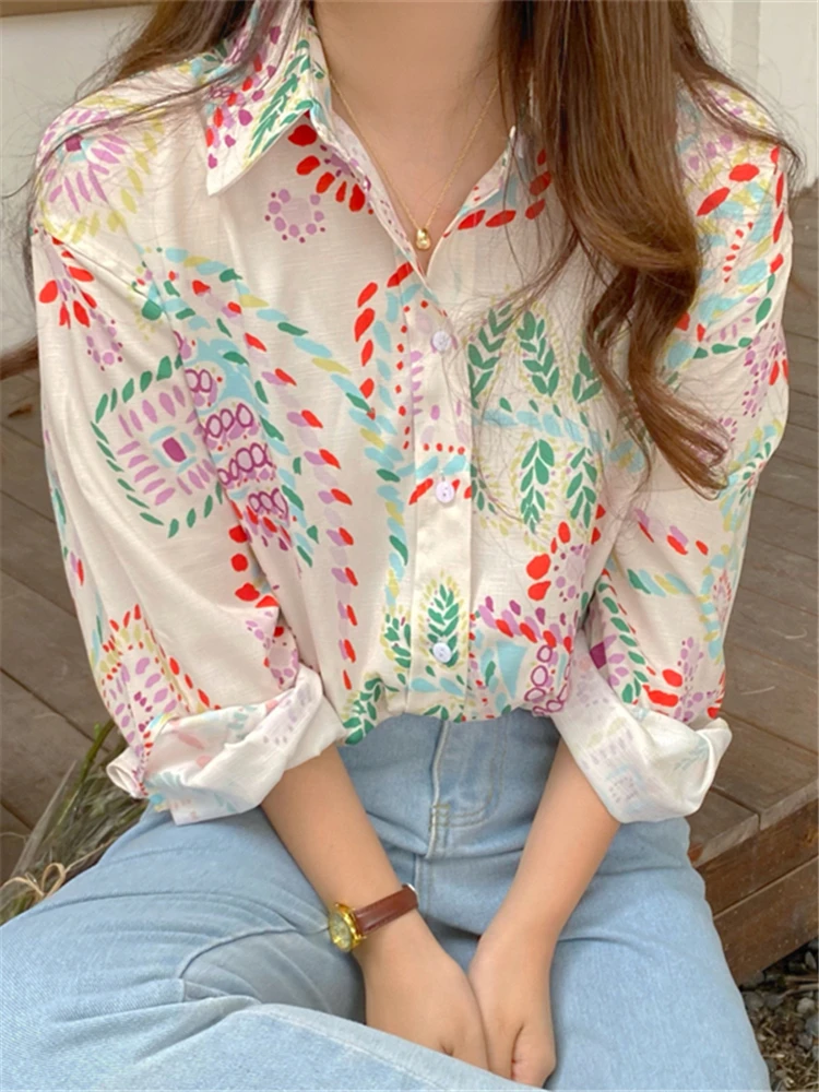 Colorfaith New 2022 Fashion Shirts Print Floral Vintage Women Spring Summer Retro Elegant French Style Blouses Lady Tops BL1562