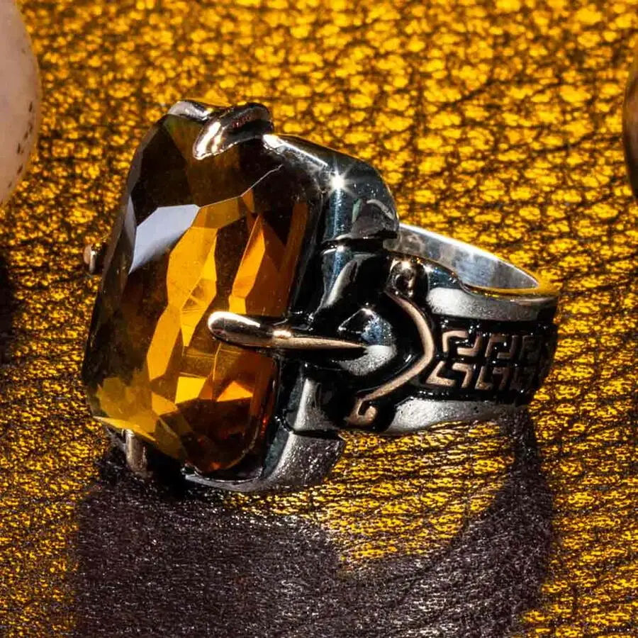 

Men Silver Rectangle Faceted Brown Amber Gemstone Men Ring Shield Model Ring Handmade Vintage Men Jewelry Solid 925 Sterling