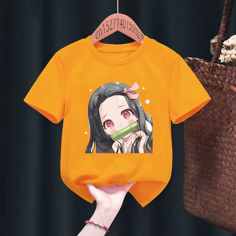 Camisetas con estampado de Nezuko Kamado Kimetsu no Yaiba para niños, ropa Kawaii Harajuku negra para bebés, Tops para niños y niñas, regalo, envío