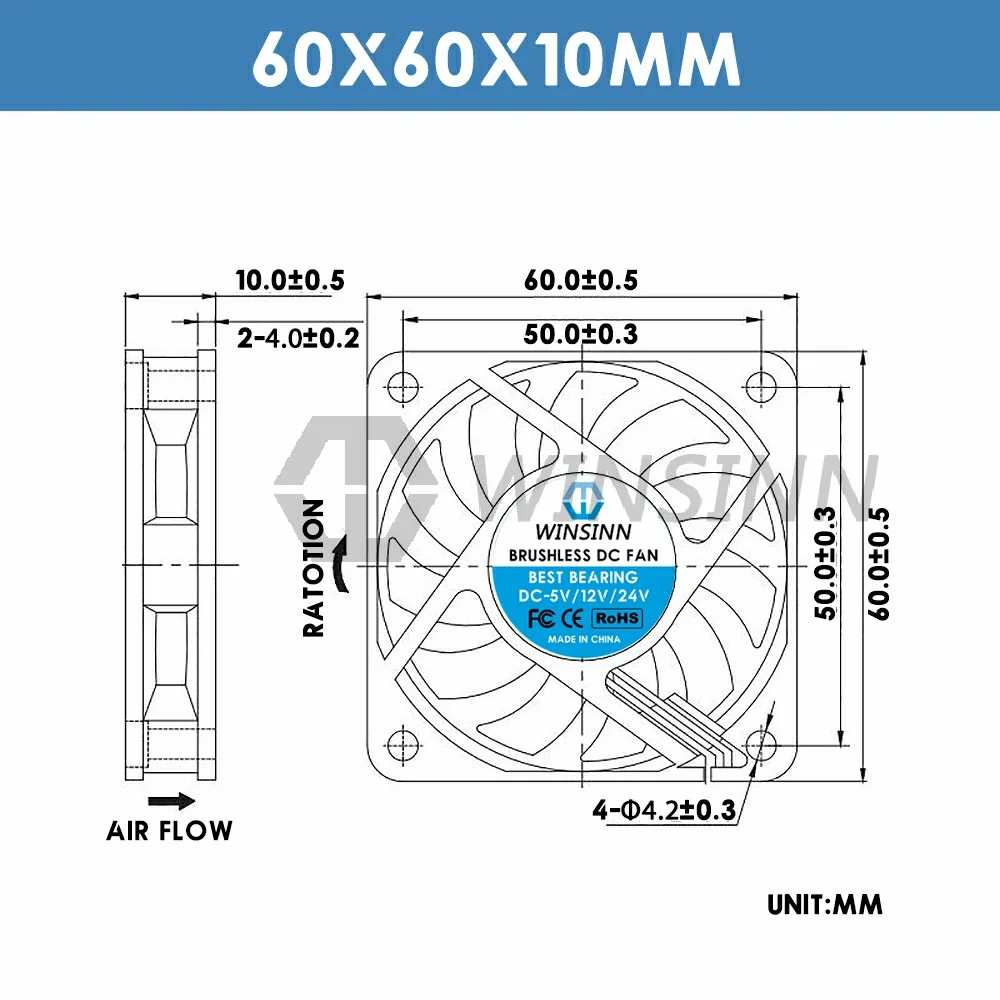 WINSINN 6010 60mm Fan DC 5V 12V 24V Sleeve / Dual Ball Bearing Brushless Cooling 60x10mm 2PIN [4-Pack]