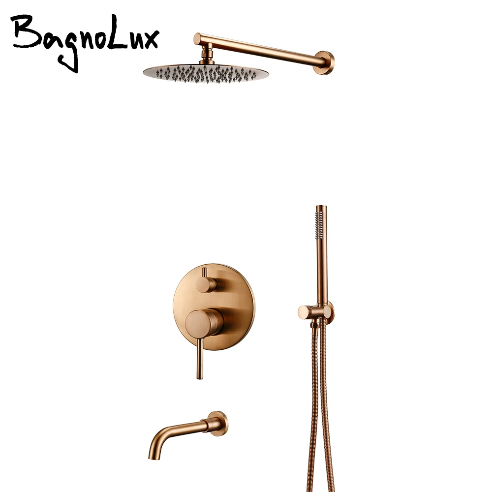 Shower Faucet Set Wall Mount Bathroom Bath Mixer Tap Matt Black Gold Rose Hot Cold 3 Way Brass Diverter With HandHeld Head