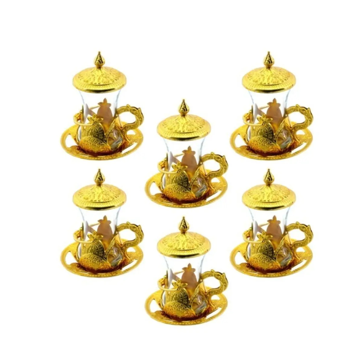 Authentic Tea Cup Set for 6 with Lid and Saucer, Traditional Turkish Ottoman Gold Silver Metal Zamak Stylish Gift