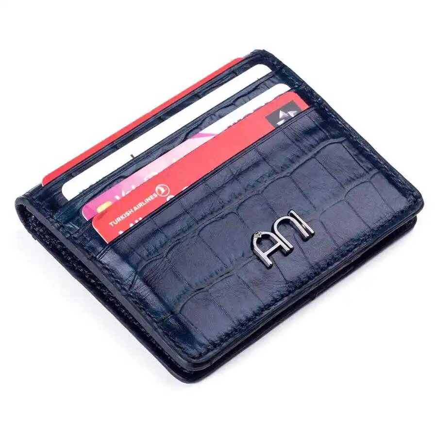 Croc Embossed Leather Mens Card Holder Wallet with Gripper Navy Blue Purse Casual Good Quality Luxury New Stlaylısh Design Naive