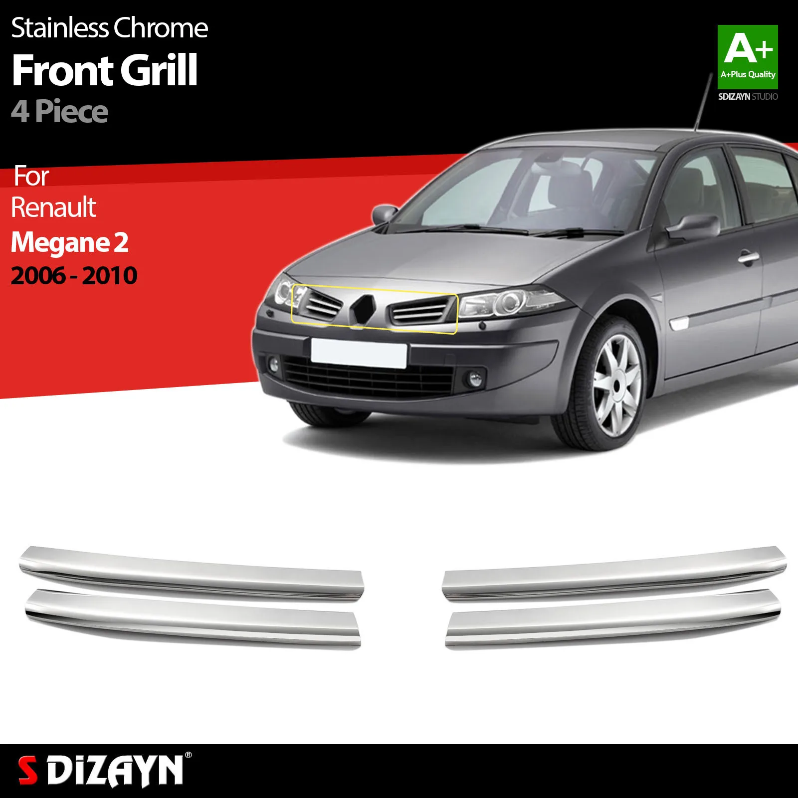 

S Dizayn For Renault Megane 2 Chrome Front Grill Stainless Steel 4 Pcs Exterior Car Accessories Parts Auto Products Sticker