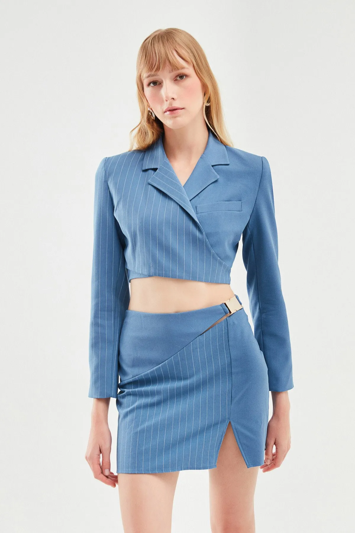 

2022 women's Skirt Suit Bottom top Set Belt Accessorized Skirt Kemerli Crop Blazer Jacket Blue Black Beige skirted takımlar